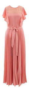 Twinset Lange roze plissé jurk met open rug en kanten accenten 