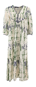 BA&SH Ecru kleurige lange jurk met groen/ blauwe patronen  