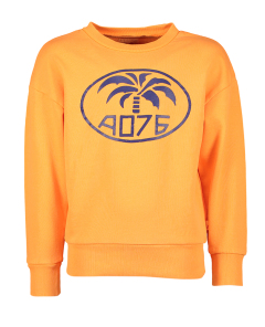 AO76 Fluo oranje sweater met donkerblauwe print 