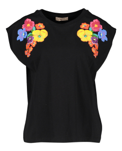 Twinset Zwarte T-shirt met multi-color geborduurde bloemen 